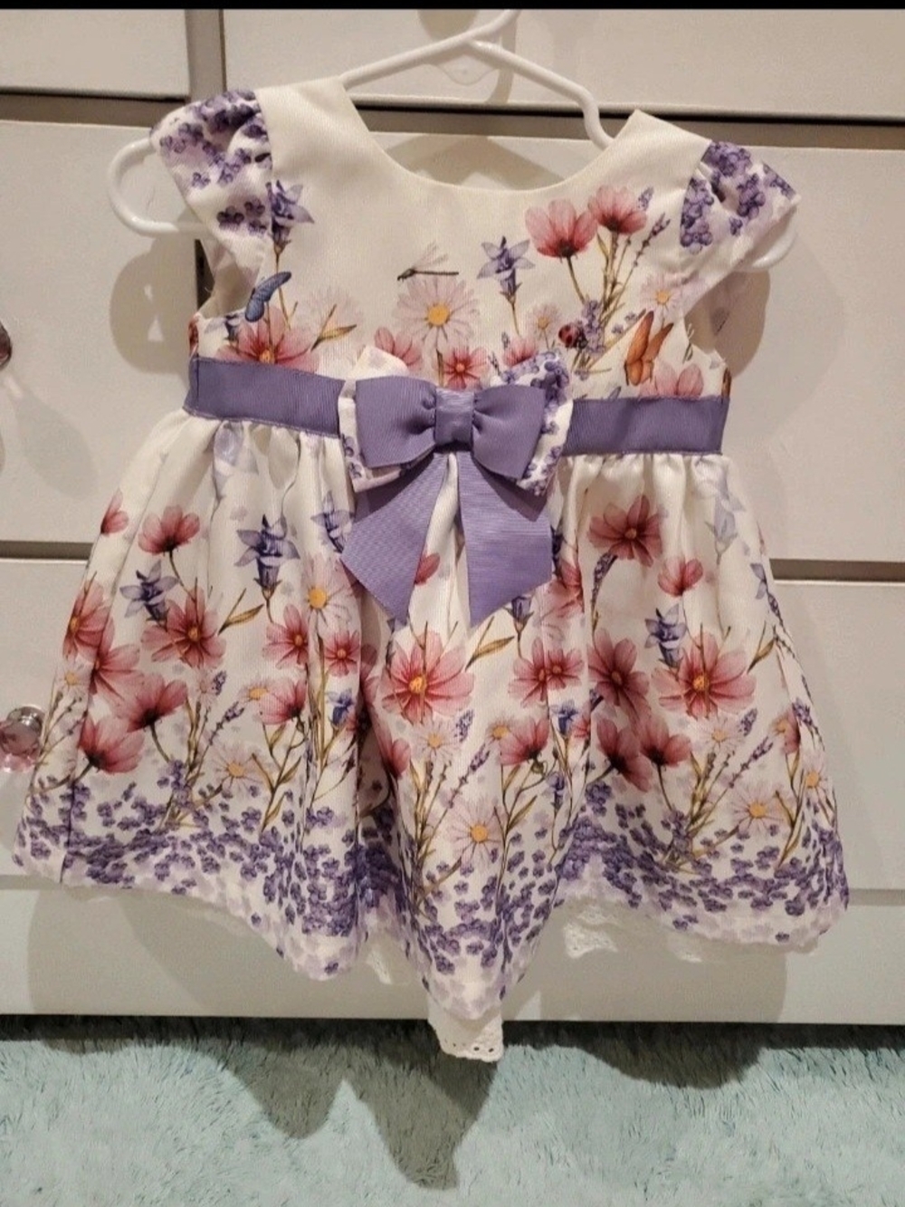 Blueberi Boulevard White Purple Floral Bow-Accent Girls Dress